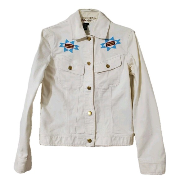 Lauren Jeans Co Womens Sz Small Aztec Beaded White Denim Jacket - Picture 1 of 10